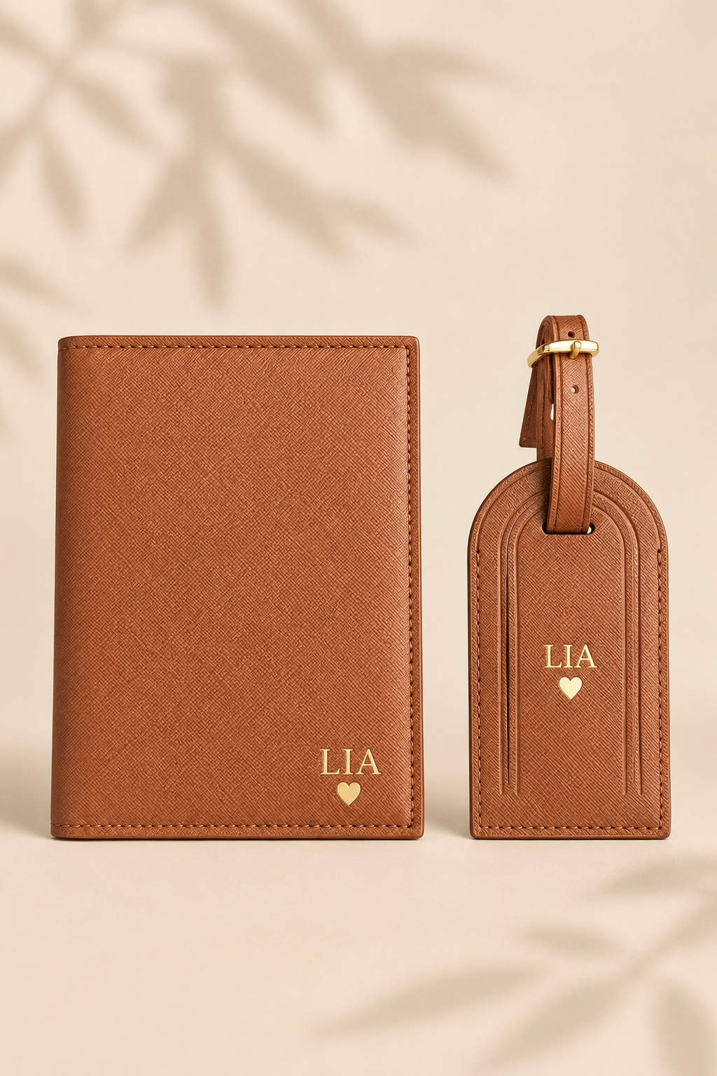 Brown Personalized Passport Holder and Luggage Tag Gift Set